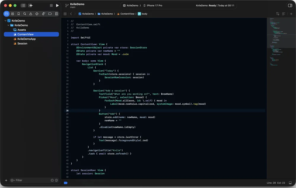 Xcode in Kvile Kontrast, screenshot 2