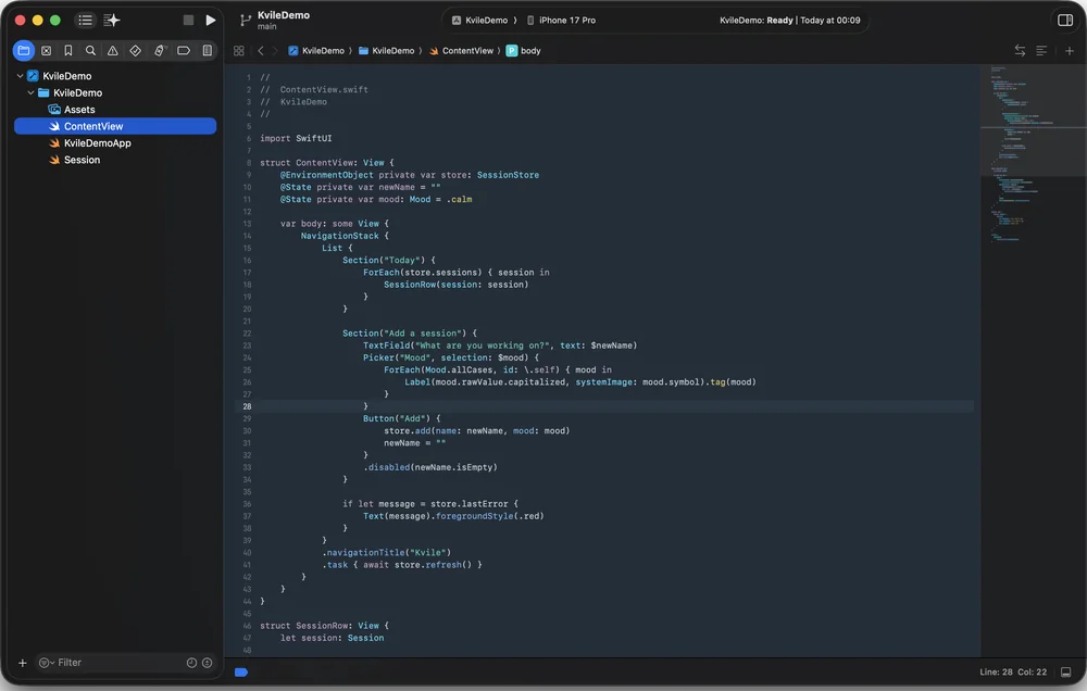Xcode in Kvile Skumring, screenshot 2